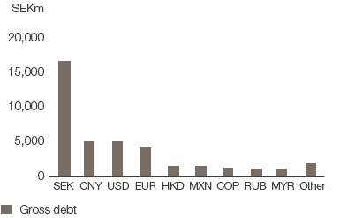 Gross debt distributed by currency (bar chart)