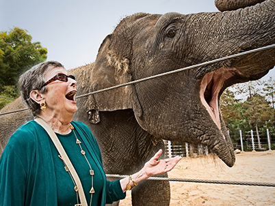 SCA in society – Woman laughing side by side with elephant (photo)